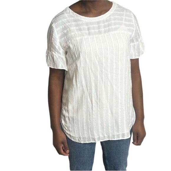 Ann Taylor Loft White Striped Ruffle Short Sleeved Blouse - Picture 1 of 11